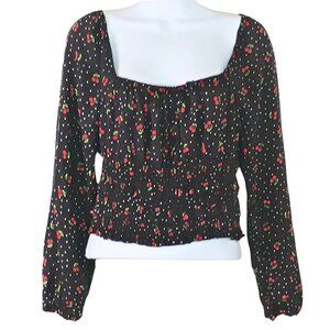 Y2K Womens Long Sleeve Crop Blouse Top Size L Milkmaid Fun Cherry Print Whimsica